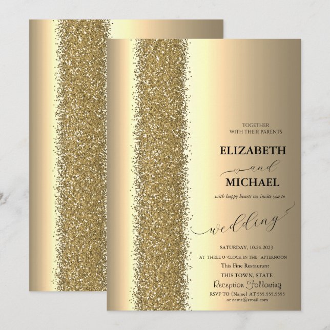 Invitación Boda con letra script de purpurina dorada elegante (Anverso / Reverso)