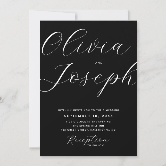 Invitación Boda con letra script negra moderna con foto y cód (Anverso)