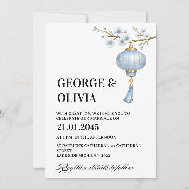 Invitación Boda con Linterna Azul Japonesa (Anverso)