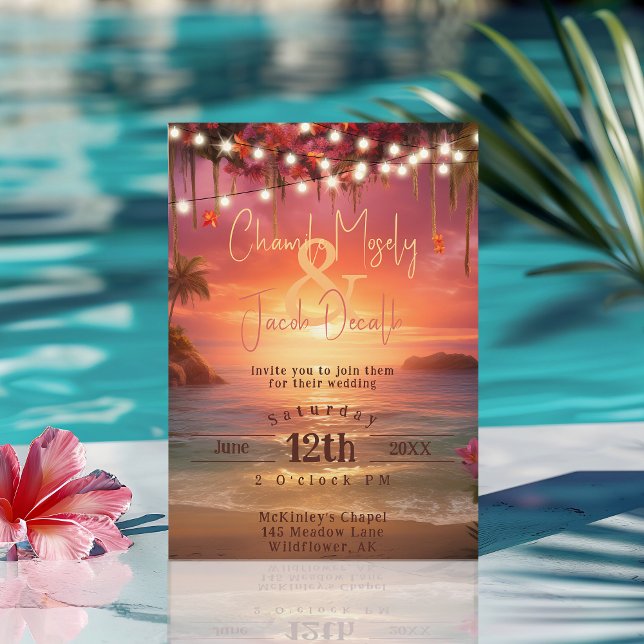 Invitación Boda con Luces de Cuerda de Playa en Puesta de Sol (Tropical Sunset Beach String Lights Wedding Invitation
)