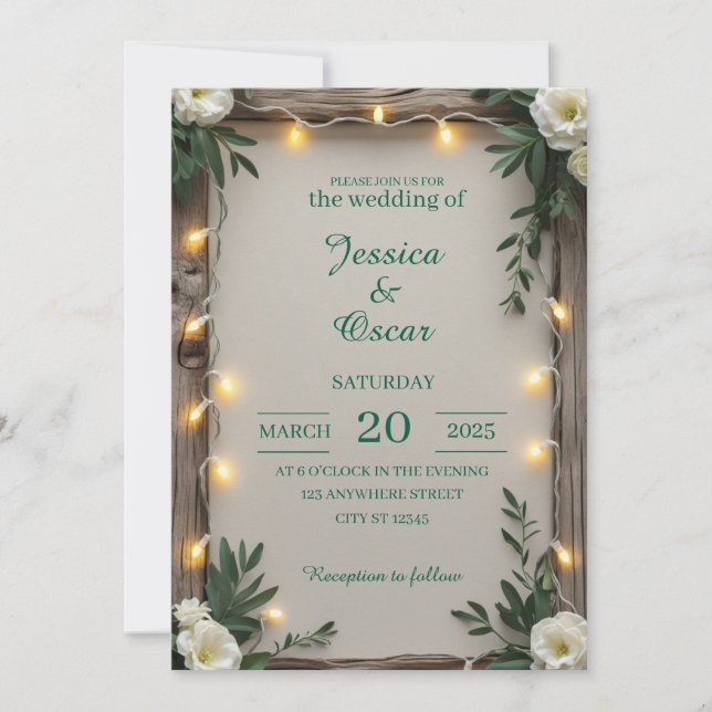 Invitación Boda con Luces de Hada Rústicas (Anverso)