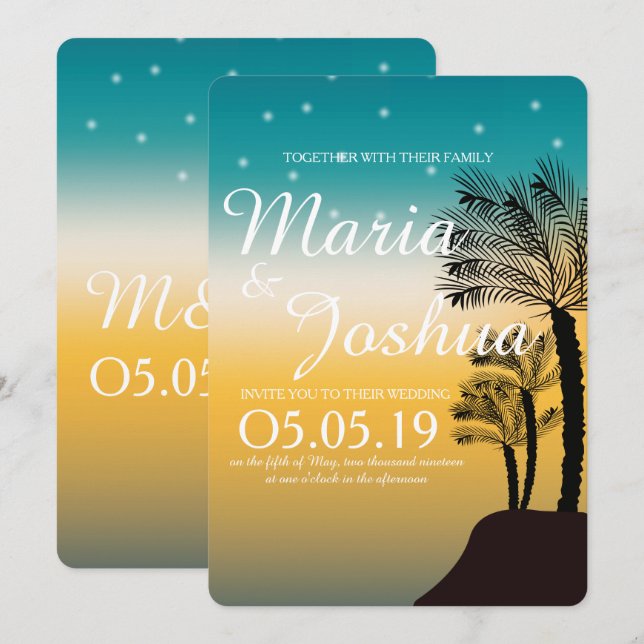 Invitación Boda con luces estrelladas y palmeras de playa tro (Anverso / Reverso)