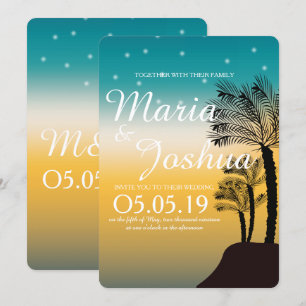 Invitación Boda con luces estrelladas y palmeras de playa tro