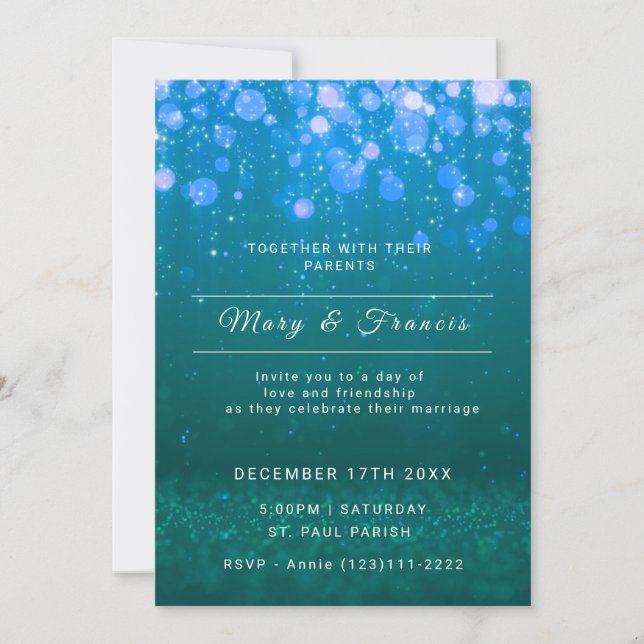 Invitación Boda con Luces Verdes y Azules y Brillo  (Anverso)