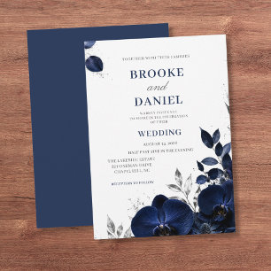 Invitación Boda con Lujo de Orquídea Azul y Brillo de Plata
