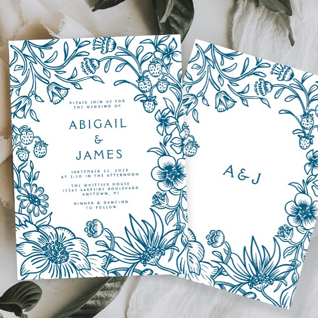 Invitación Boda con marco botánico azul vintage (Subido por el creador)