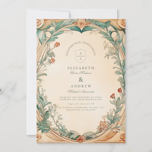 Invitación Boda con marco botánico cálido (Anverso)