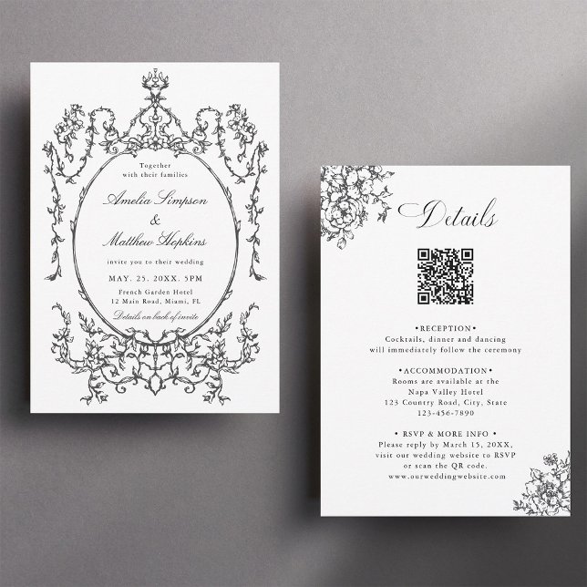 Invitación Boda con marco clásico todo en uno                 (Front & Back)
