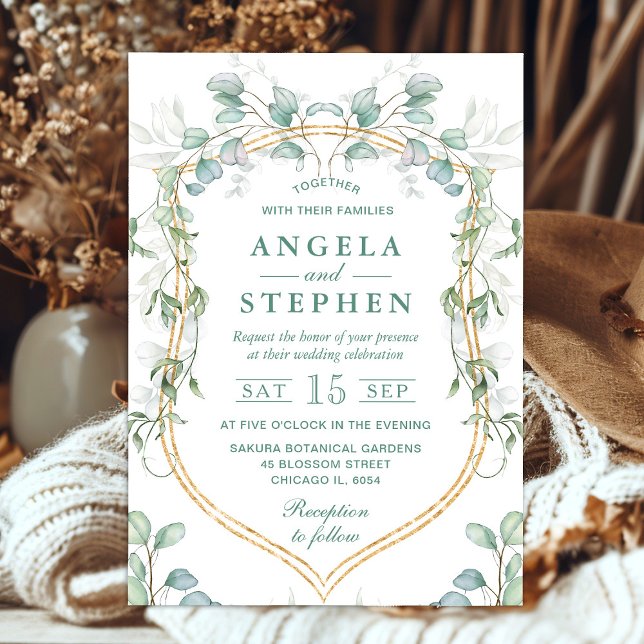 Invitación Boda con marco de acuarela de eucalipto y dorado (Subido por el creador)