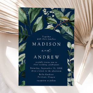 Invitación Boda con marco de arco de navy con abundante veget