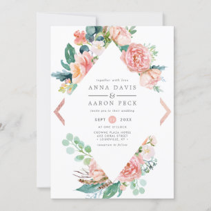 Invitación Boda con Marco de Diamantes Florales Rosa Pastel