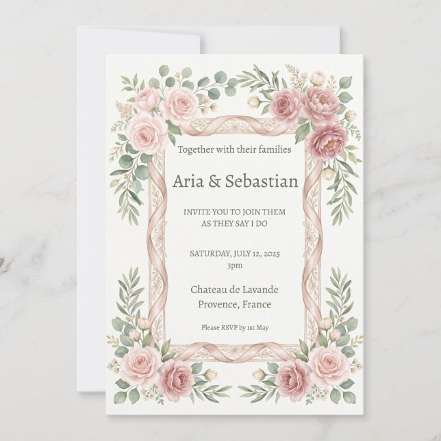 Invitación Boda con Marco de Encaje de Rosa Rosa Rubor (Anverso)