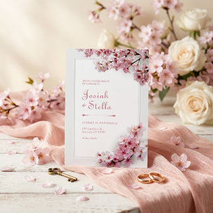 Invitación Boda con marco de flor de cerezo rosa y azul turqu