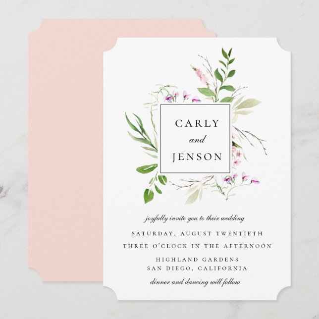 Invitación Boda con marco de flores silvestres elegantes (Anverso / Reverso)