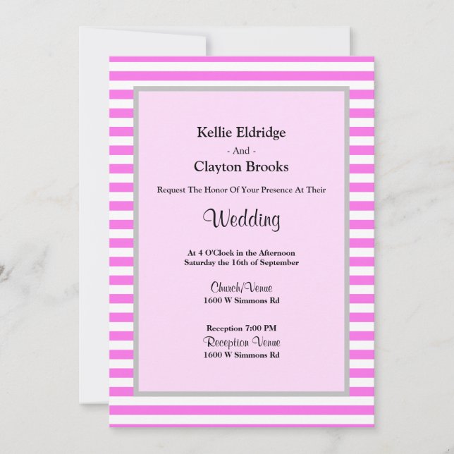 Invitación Boda con marco de franjas rosadas/blancas (Anverso)
