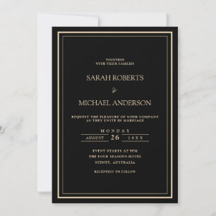 Invitación Boda con marco de guión dorado negro minimalista m