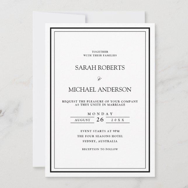 Invitación Boda con marco de guión negro simple minimal moder (Anverso)