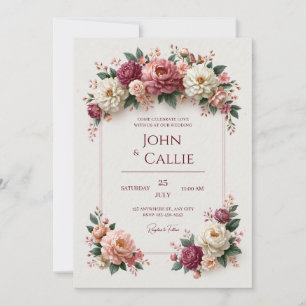 Invitación Boda con marco de jardín de peonía de tono rosa Bo