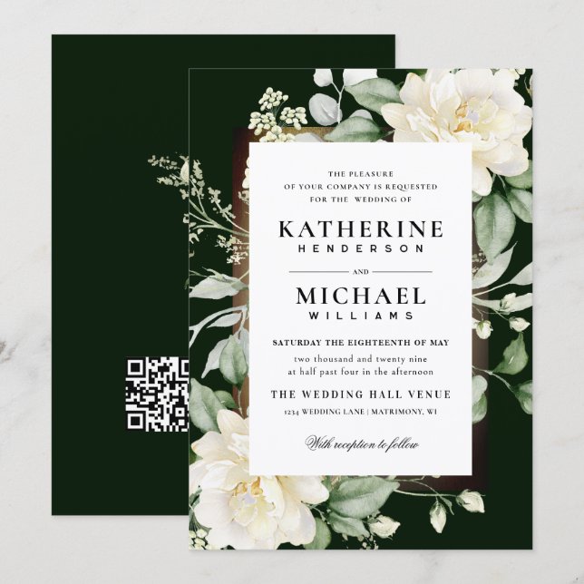 Invitación Boda con marco de marfil y oro con eucalipto salvi (Anverso / Reverso)