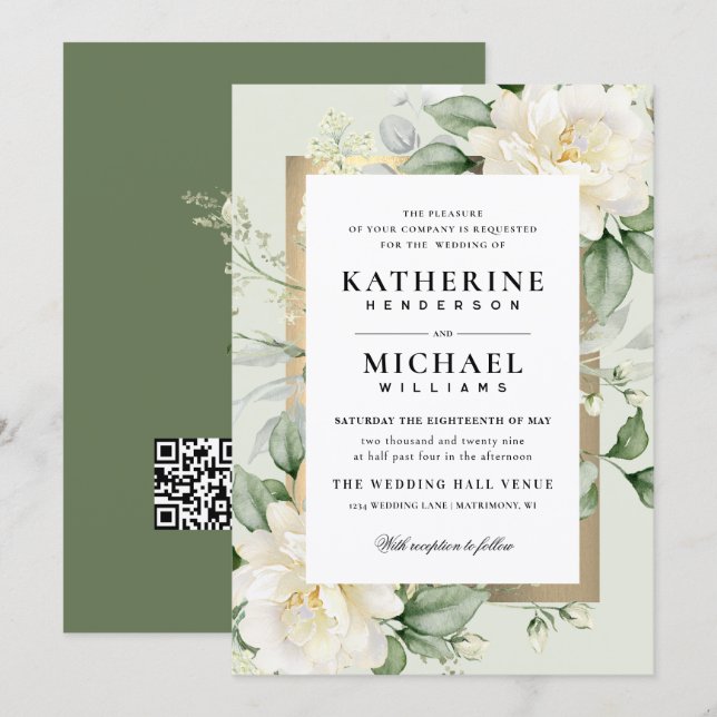 Invitación Boda con marco de marfil y oro con eucalipto salvi (Anverso / Reverso)