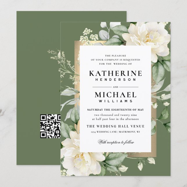 Invitación Boda con marco de marfil y oro con eucalipto salvi (Anverso / Reverso)