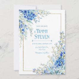 Invitación Boda con Marco de Oro Acuarela Azul Real Muscari