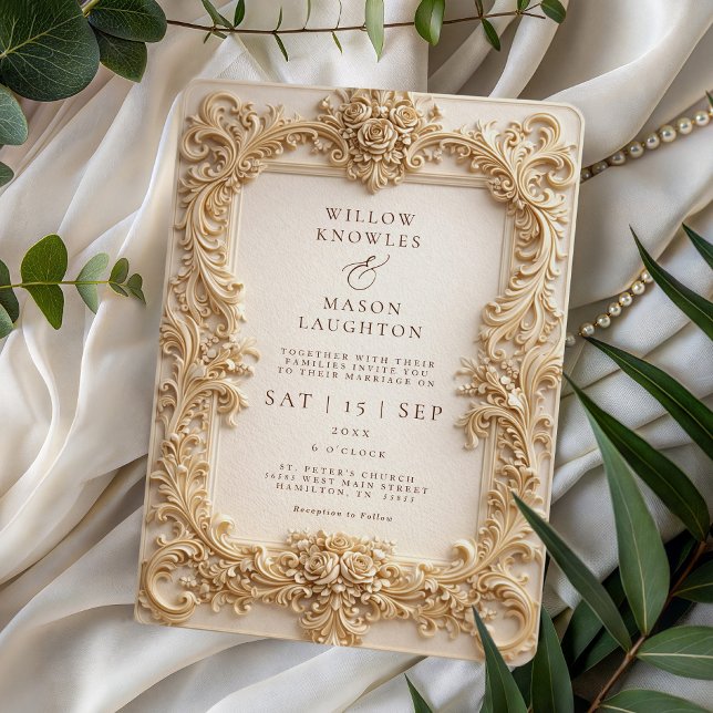 Invitación Boda con Marco de Oro Barroco Elegante (Elegant Baroque Gold Frame Wedding Invitation)