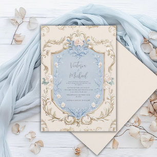 Invitación Boda con marco de oro floral azul elegante