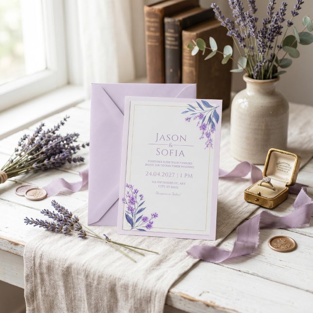Invitación Boda con Marco de Oro Lavanda Acuarela Hoja Índigo (Subido por el creador)