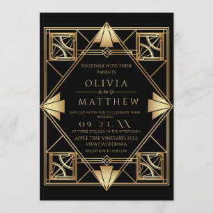 Invitación Boda con marco de oro negro Art Deco