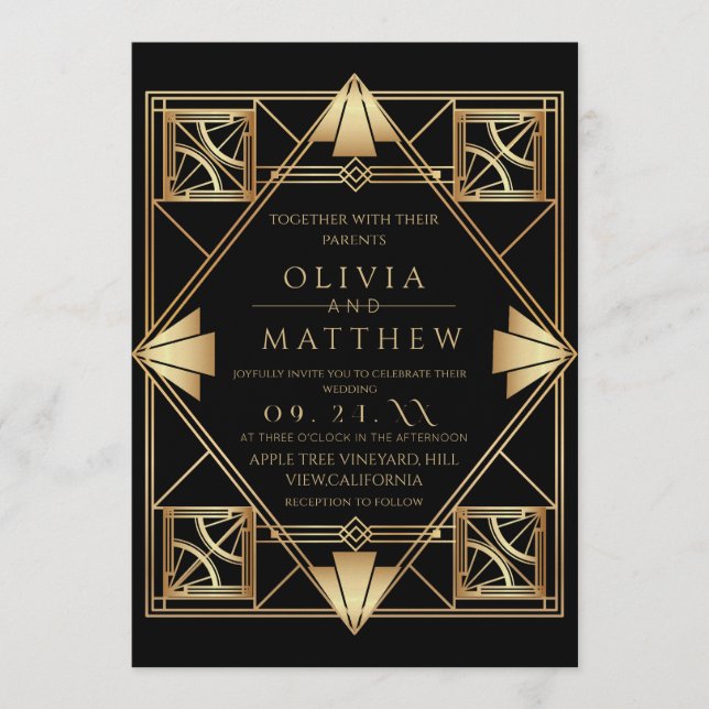 Invitación Boda con marco de oro negro Art Deco (Anverso)
