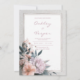 Invitación Boda con Marco de Oro Rosa y Peonía Rosa Claro Ele