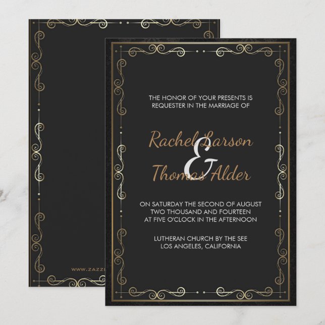 Invitación Boda con marco de oro y espirales (Anverso / Reverso)