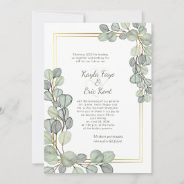 Invitación Boda con marco de oro y eucalipto verde salvia