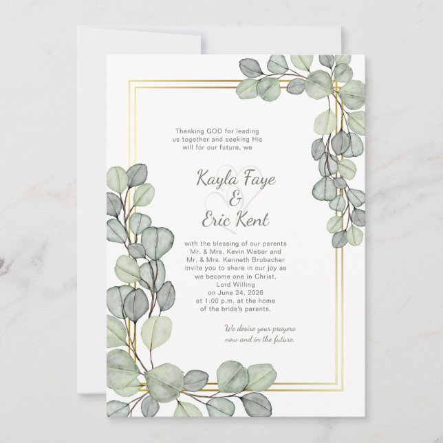 Invitación Boda con marco de oro y eucalipto verde salvia (Anverso)