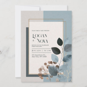 Invitación Boda con Marco de Oro y Hoja de Carbón Azul Polvor