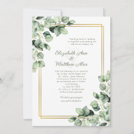Invitación Boda con marco de oro y vegetación de eucalipto ve