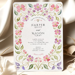 Invitación Boda con marco de pétalos florales rosa y púrpura