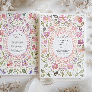 Invitación Boda con marco de pétalos florales rosados y púrpu