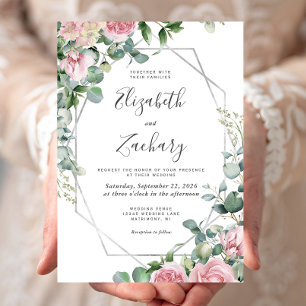 Invitación Boda con marco de plata floral en acuarela rosa bo
