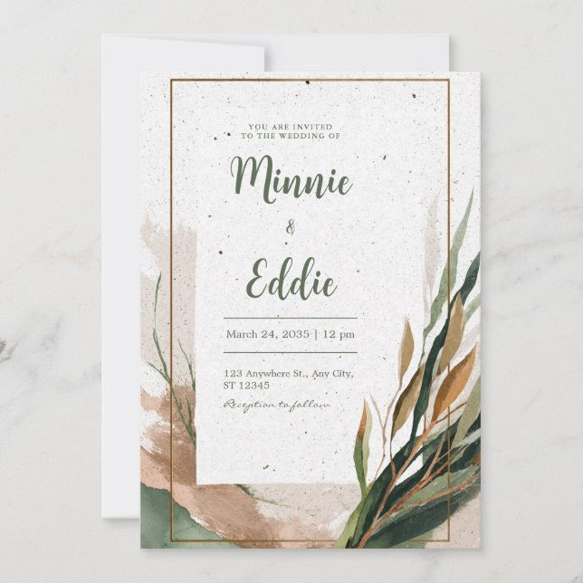 Invitación Boda con Marco de Terracota Dorado Abstracto Boho (Anverso)