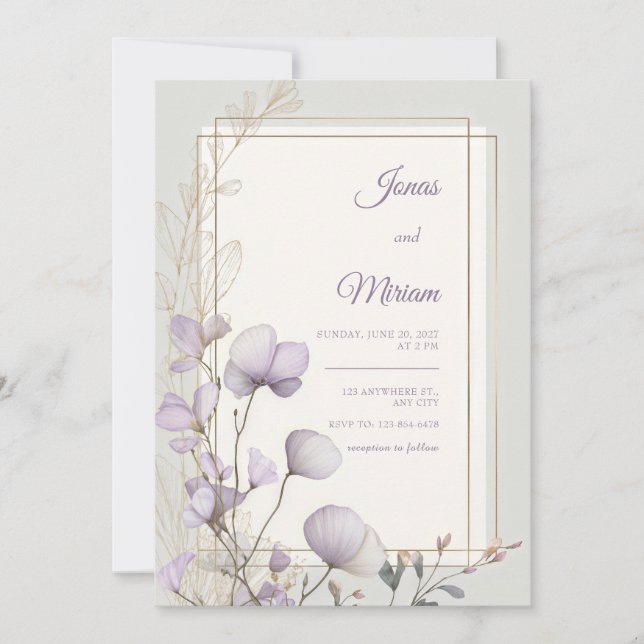 Invitación Boda con marco doble dorado botánico de lavanda (Anverso)