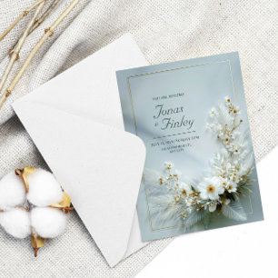 Invitación Boda con Marco Dorado de Floral Blanca Etérea y Pl