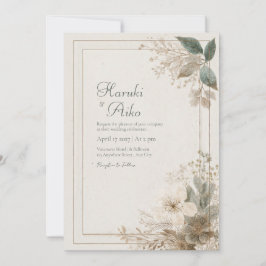 Invitación Boda con Marco Dorado de Floral Neutro Polvo Azul