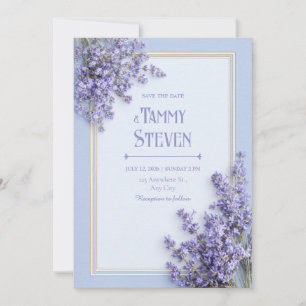 Invitación Boda con Marco Dorado de Lavanda Francesa Azul Cel