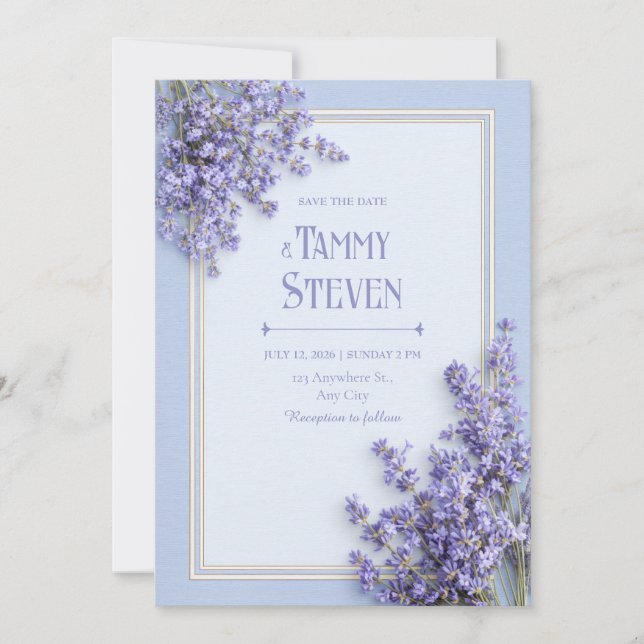 Invitación Boda con Marco Dorado de Lavanda Francesa Azul Cel (Anverso)