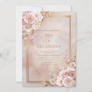 Invitación Boda con Marco Dorado de Mármol Floral Rubor