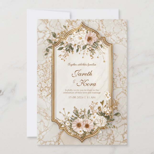 Invitación Boda con Marco Dorado de Mármol Floral Rubor (Anverso)
