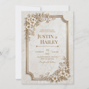 Invitación Boda con Marco Dorado de Mármol Floral Sepia