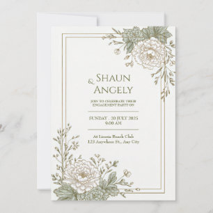 Invitación Boda con Marco Dorado de Peonía Grabada en Verde S